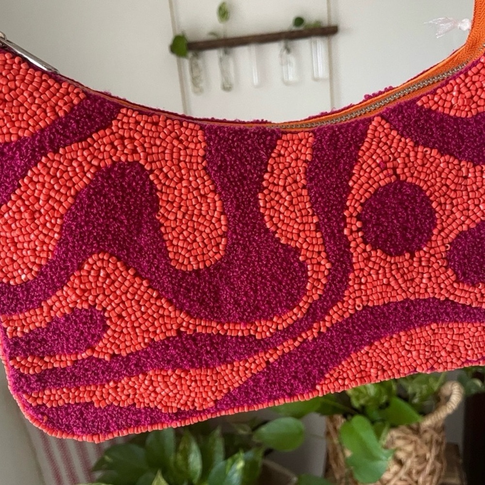 Beaded Shoulder Bag Colorblock Orange & Fuchsia - Picture 3 of 7